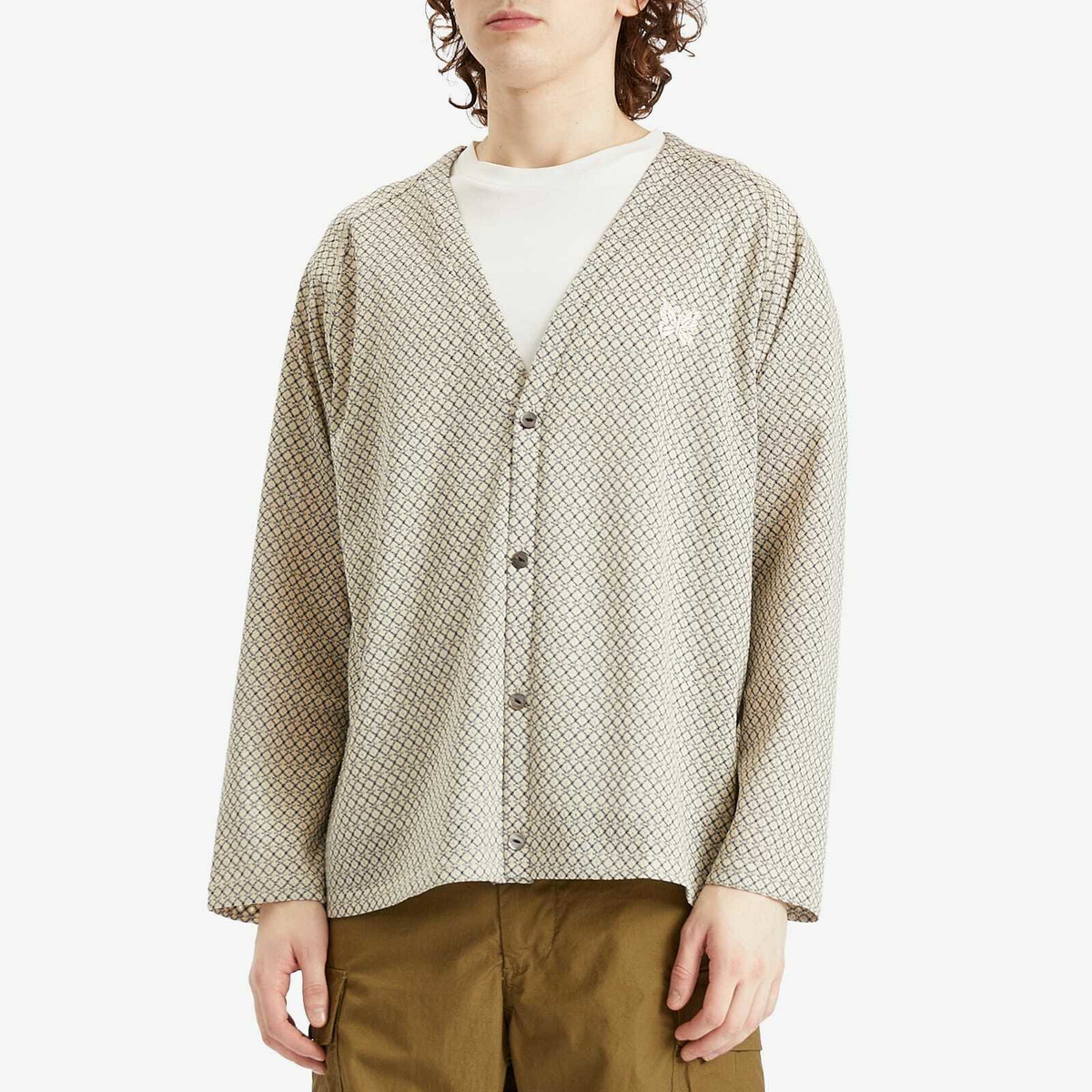 Needles Men's Woven V-Neck Cardigan in Natural/Black Grid