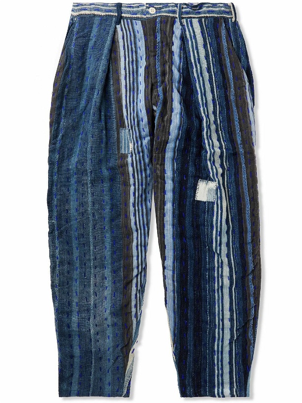 Photo: Monitaly - Tapered Pleated Embroidered Striped Cotton Trousers - Blue