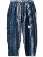 Monitaly - Tapered Pleated Embroidered Striped Cotton Trousers - Blue