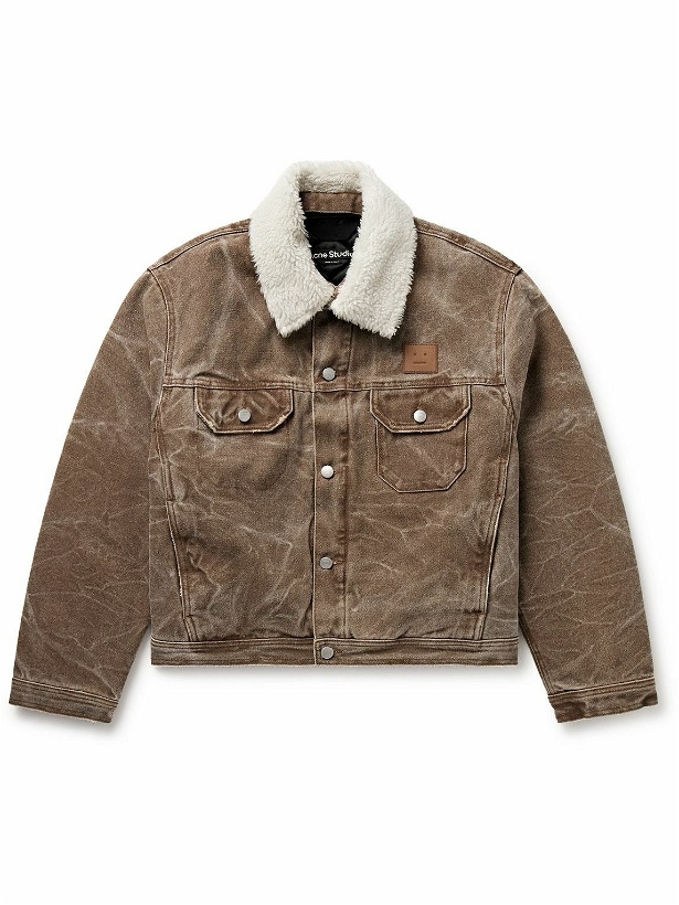 Photo: Acne Studios - Orsan Fleece-Trimmed Padded Distressed Cotton-Canvas Jacket - Brown