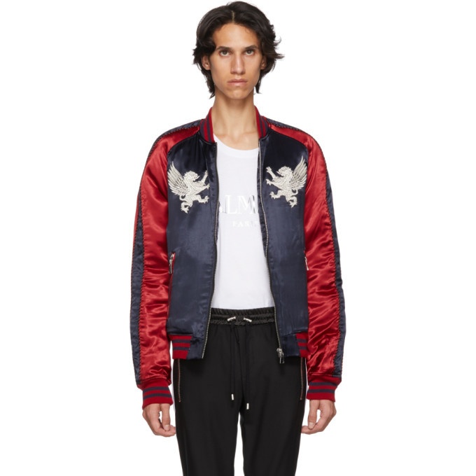 Navy and Red Satin Bomber Jacket