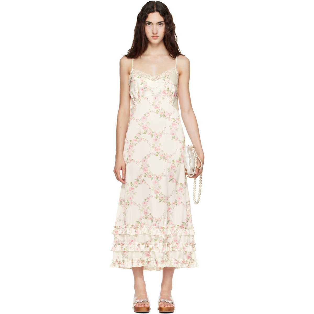 Simone Rocha Off-White Ruffle Frill Hem Slip Midi Dress