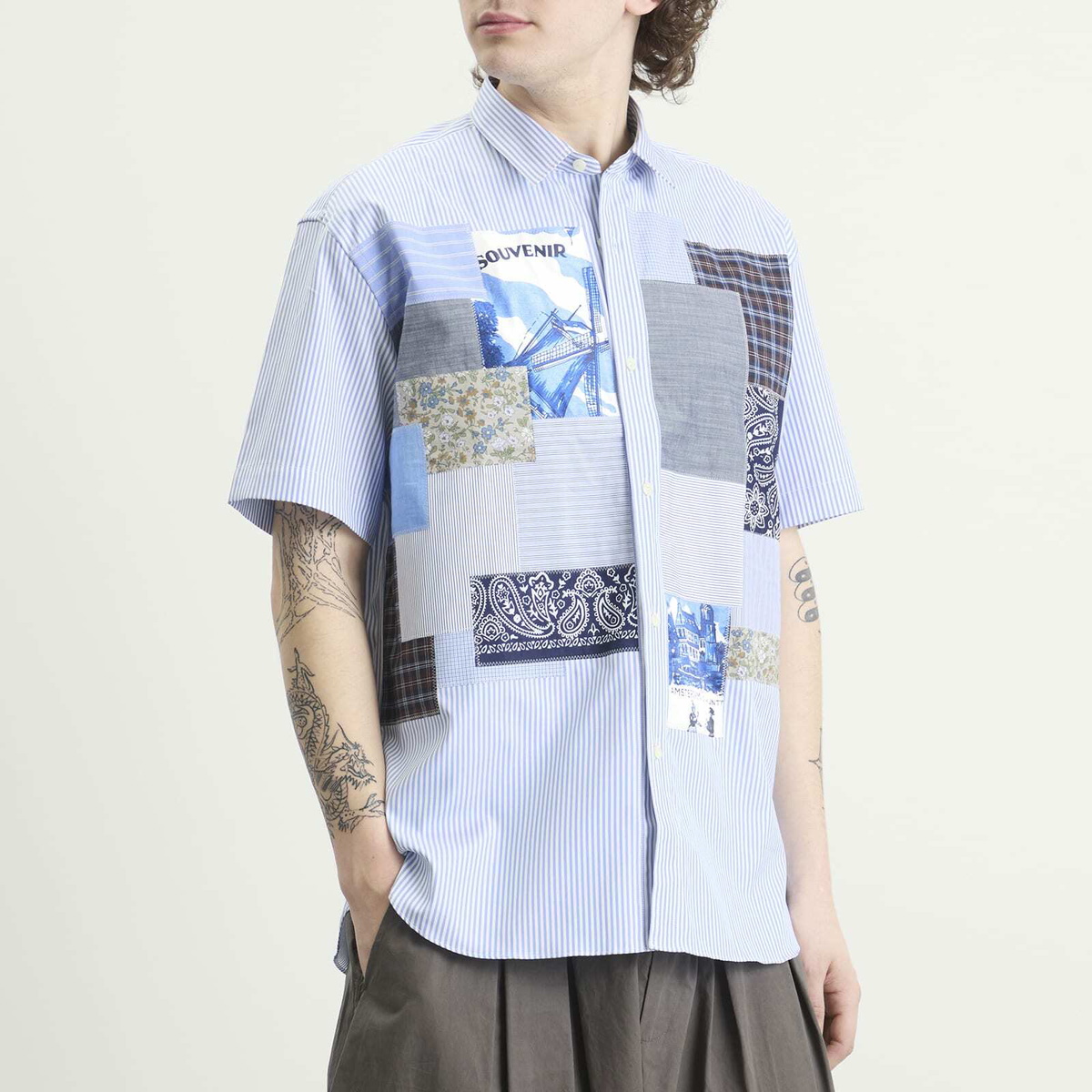 Junya Watanabe MAN Men's Patchwork Mix Short Sleeve Shirt in White/Sax X Mix