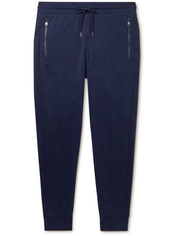 Photo: Moncler - Tapered Logo-Appliquéd Shell-Trimmed Cotton-Jersey Sweatpants - Blue