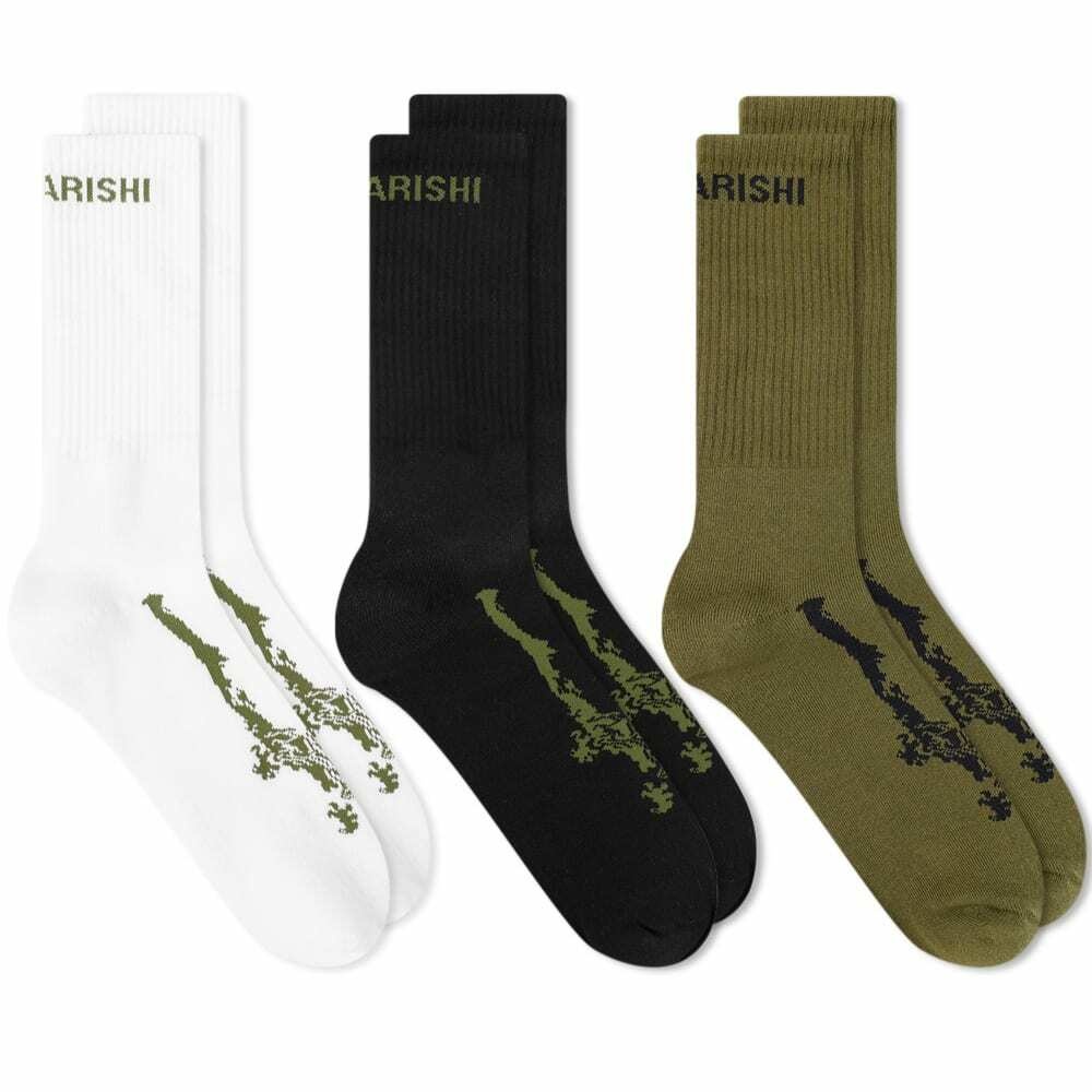 Maharishi Men's Miltype Dragon Sock - 3 Pack in White/Black And Olive ...