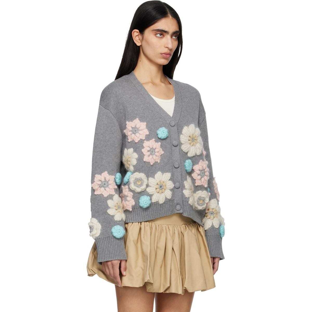 GANNI Gray Cotton Cashmere Flower Cardigan
