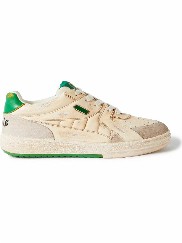 Photo: Palm Angels - University Distressed Suede-Trimmed Leather Sneakers - White