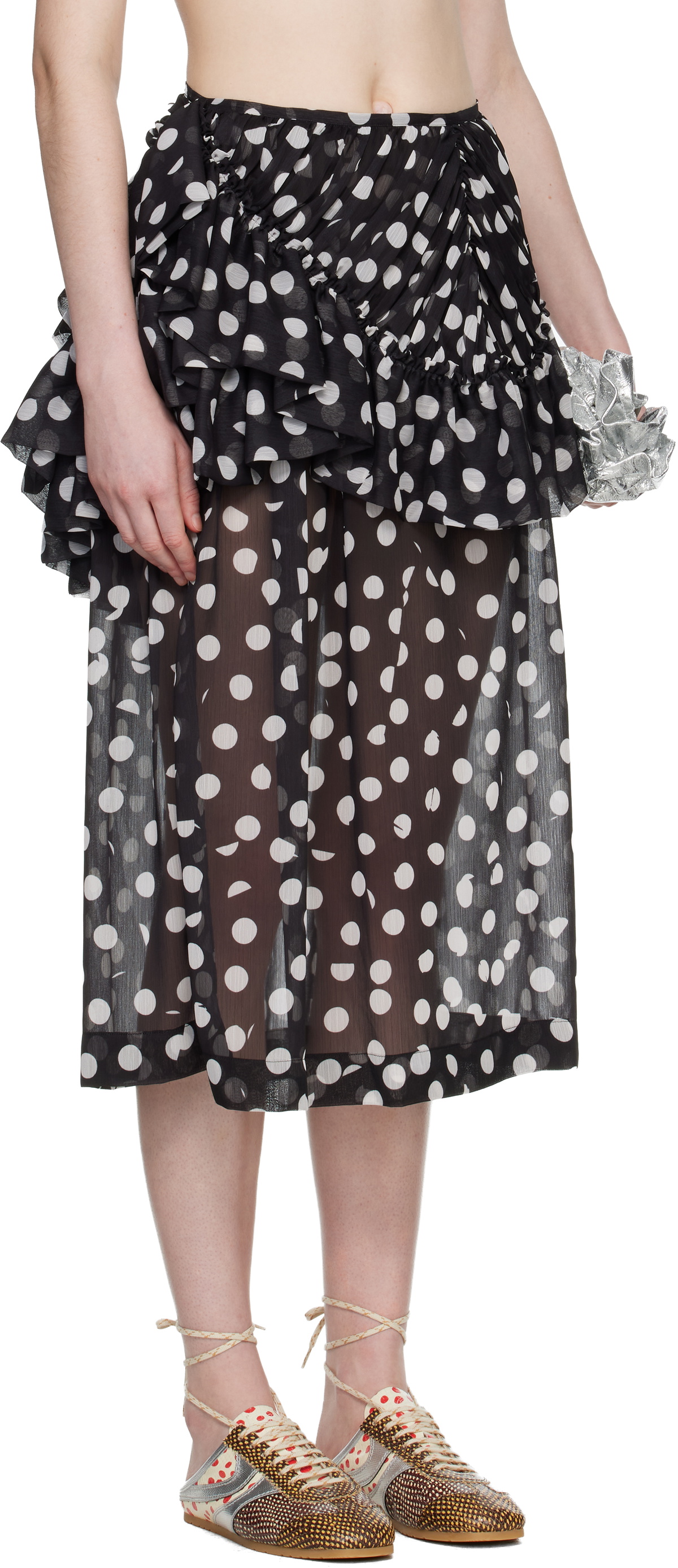 Dries Van Noten Black Layered Polka Dot Midi Skirt