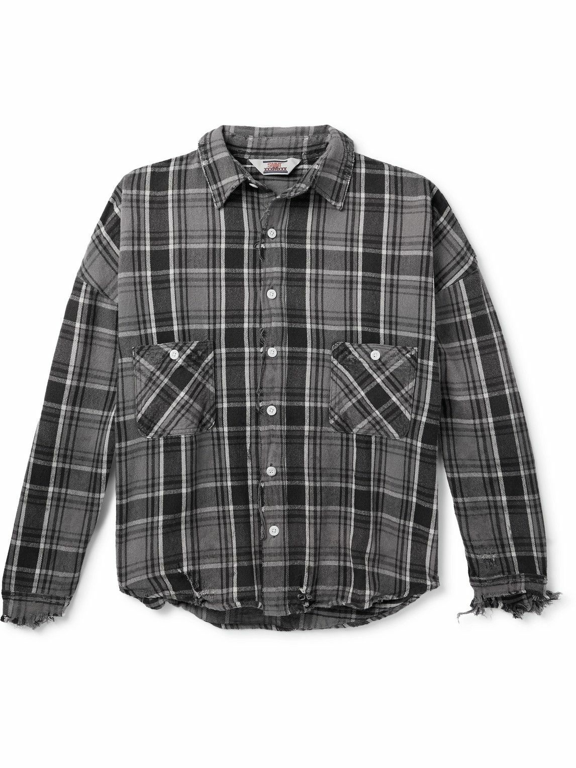 SAINT Mxxxxxx - Distressed Checked Cotton-Flannel Shirt - Gray