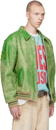 GUESS USA Green Distressed Leather Bomber Jacket