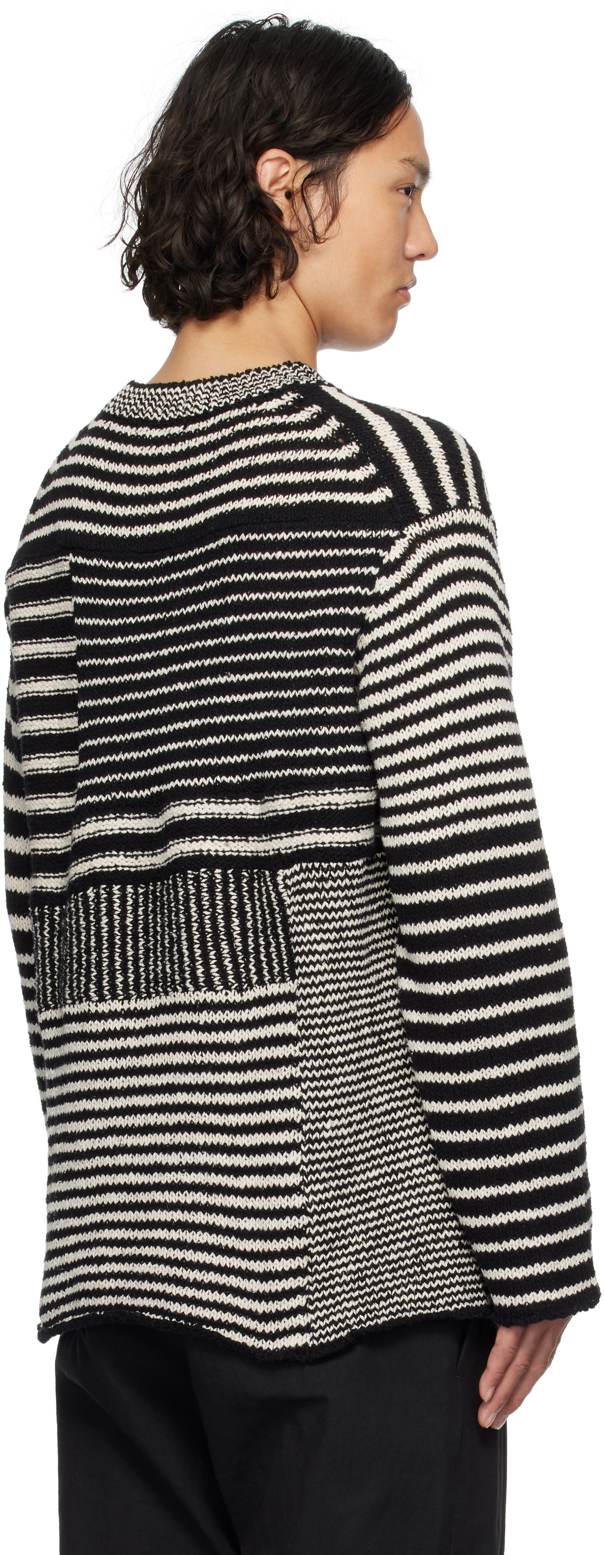 YOHJI YAMAMOTO Black & Off-White 3G1P Border Round Neck Knit Sweater
