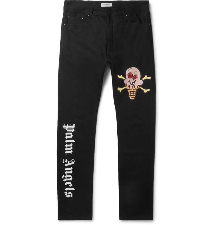 Photo: Palm Angels - ICECREAM Slim-Fit Logo-Appliquéd Printed Denim Jeans - Black