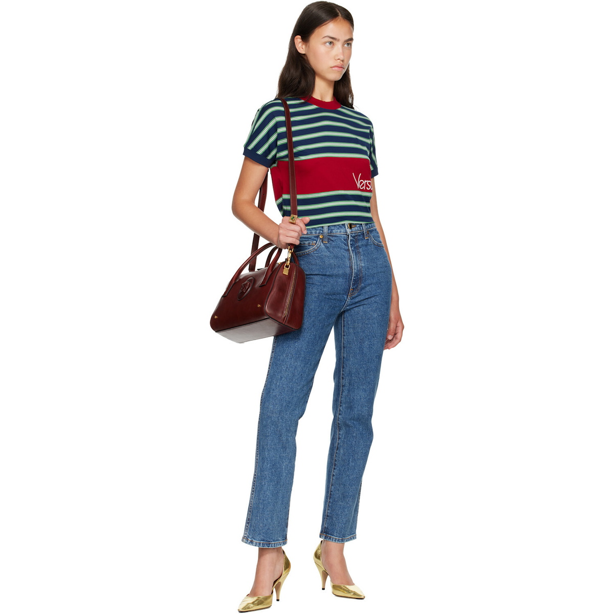 Versace Blue & Red Embroidered-Logo Striped-Intarsia Cotton T-shirt