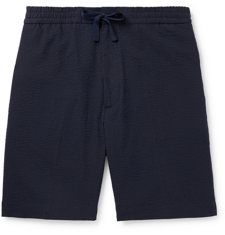 Photo: Officine Generale - Phil Slim-Fit Cotton-Seersucker Drawstring Shorts - Blue