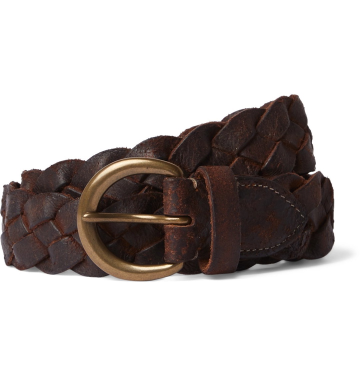Photo: RRL - 3.5cm Distressed Leather Woven Belt - Brown