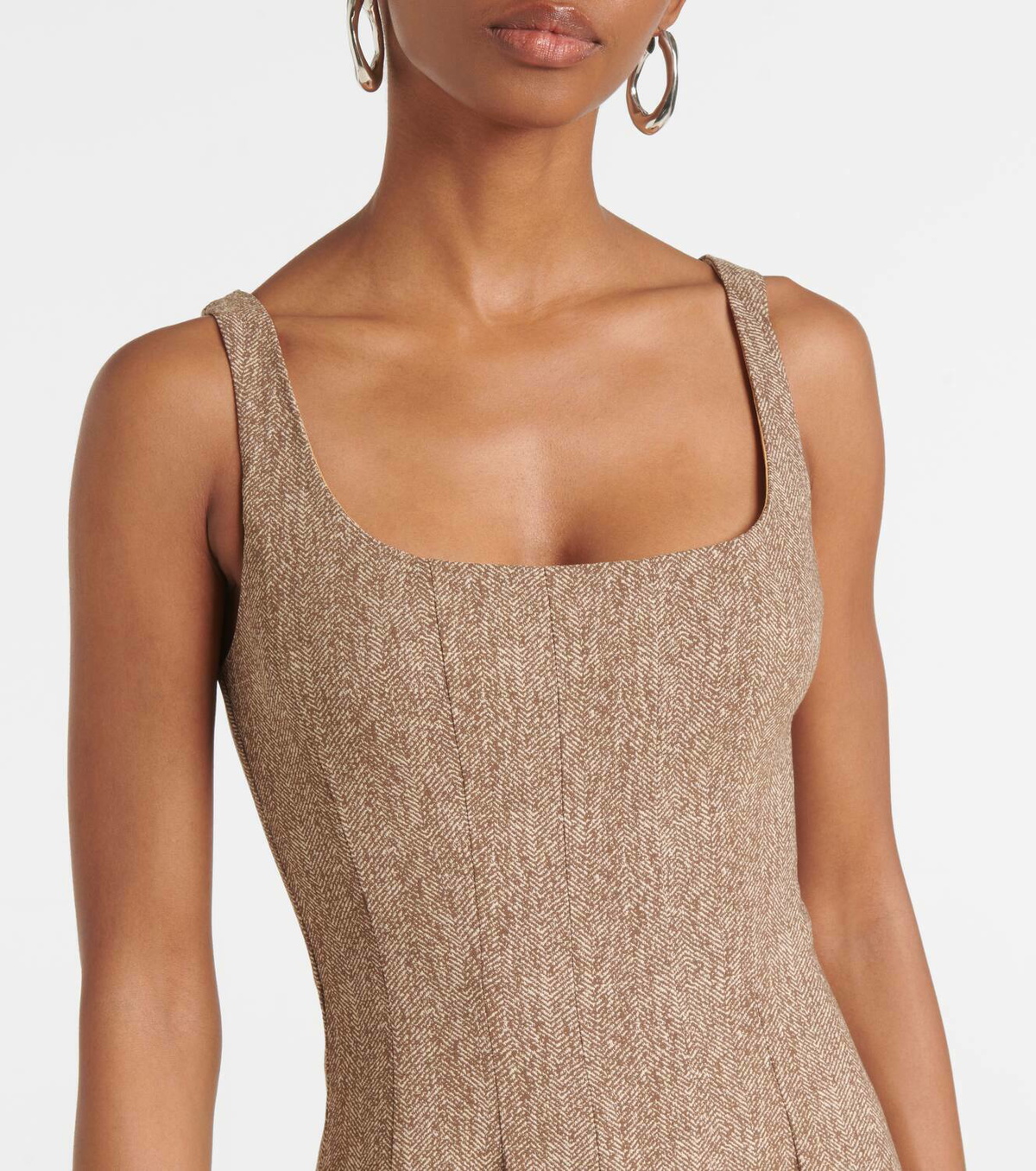 Staud Women’s Mocha Herringbone Wells Midi Dress Brown A-Line Size 4