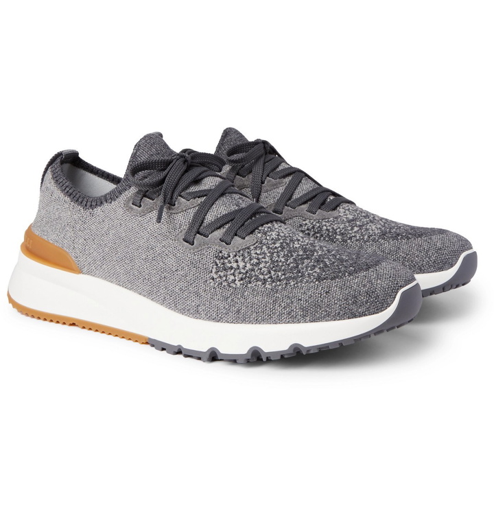 Photo: Brunello Cucinelli - Suede-Trimmed Stretch-Knit Sneakers - Gray