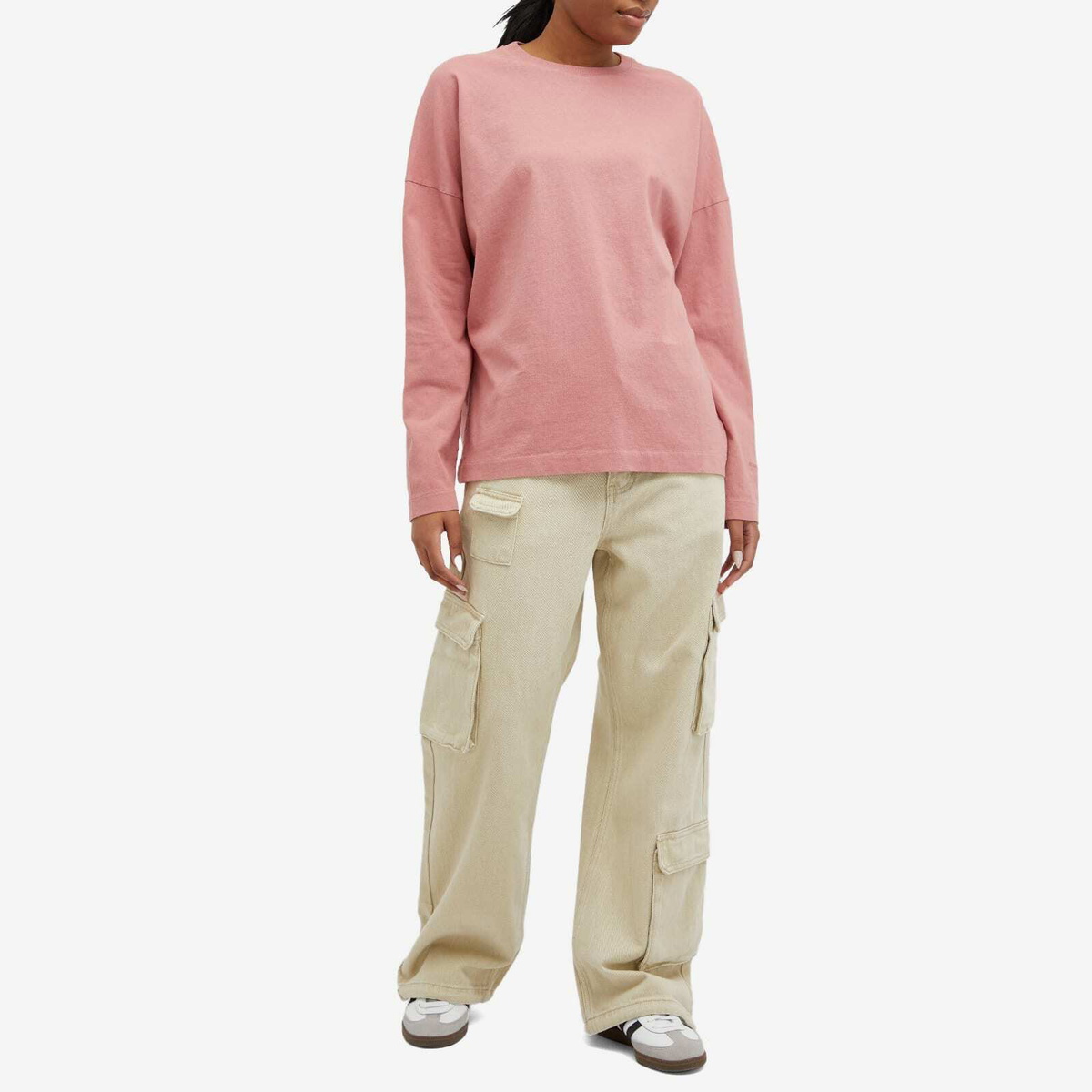 Adanola Women's Washed Long Sleeve Boxy T-Shirt in Dark Pink