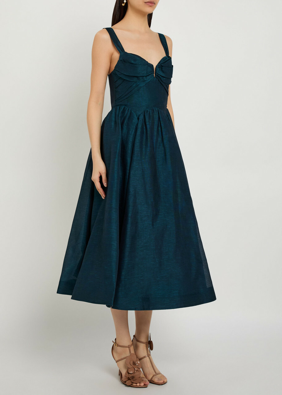 Zimmermann Rebellion Pleated Linen and Silk-blend Midi Dress Teal