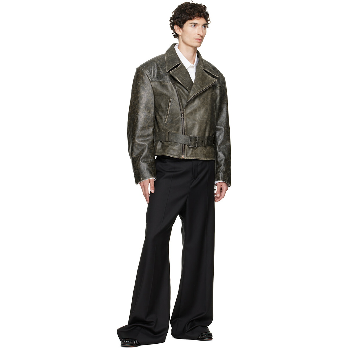 Marine Serre Gray Vintage Moon Leather Biker Jacket