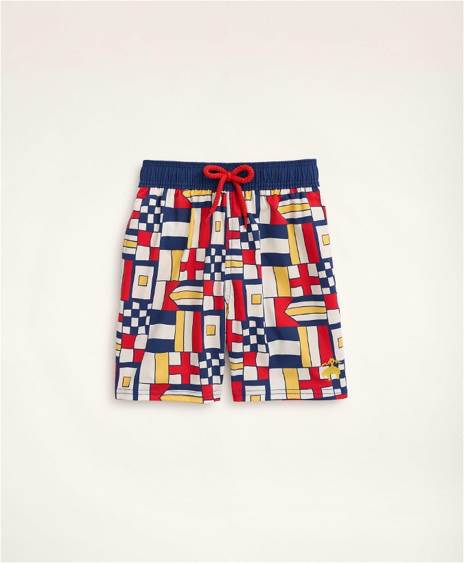 Photo: Brooks Brothers Boys Et Vilebrequin Swim Trunks in the Mixed Signals Print | Navy