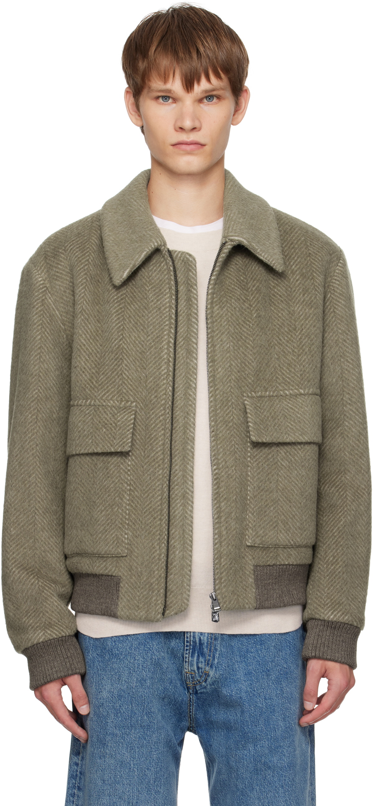 BOSS Khaki Regular-Fit Herringbone-Patterned Jacket