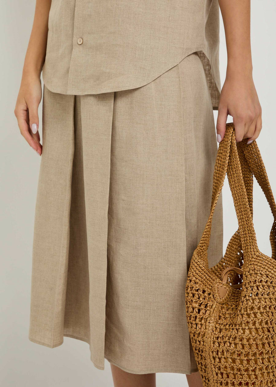 Tods Pleated Linen Midi Skirt Beige
