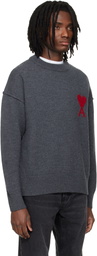 AMI Paris Gray Wool Contrasted Ami de Coeur Crewneck Sweater