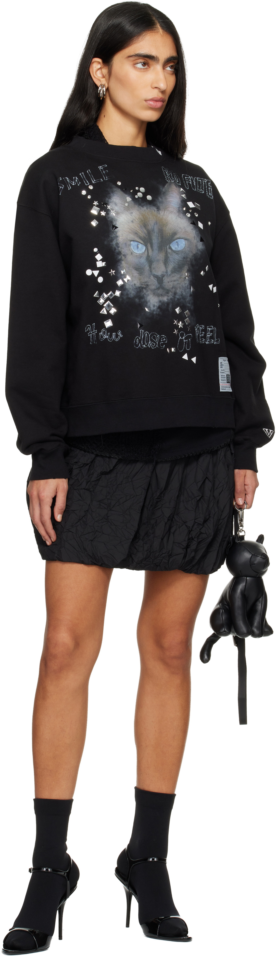 Maison MIHARA YASUHIRO Black Cat Printed Embellished Distressed Sweatshirt