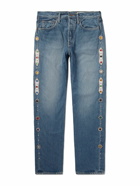 KAPITAL - Monkey Cisco Straight-Leg Leather-Trimmed Embellished Jeans - Blue