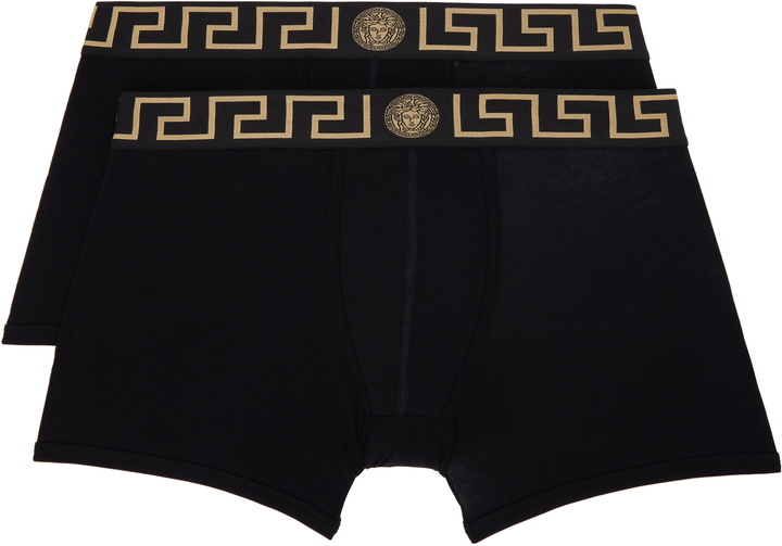 Photo: Versace Two-Pack Black Greca Border Long Boxer Briefs