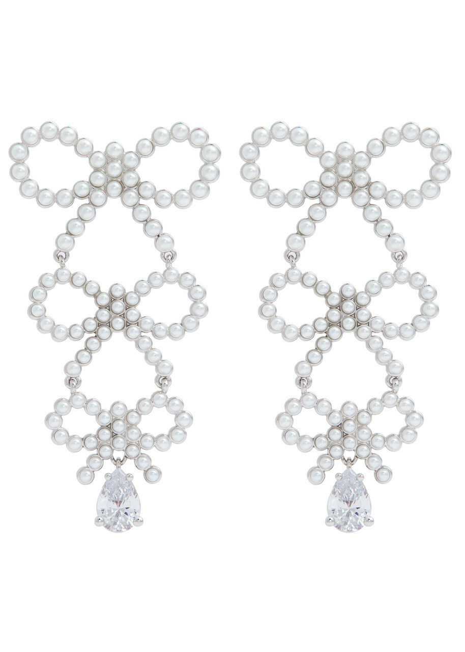 Self-portrait Bow Faux-pearl and Crystal-embellished Drop Earrings - Silver - One Size