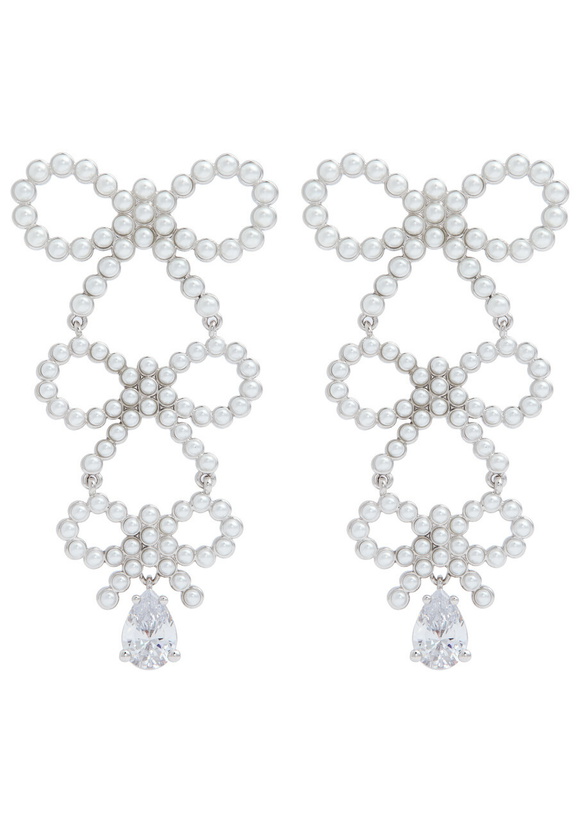 Photo: Self-portrait Bow Faux-pearl and Crystal-embellished Drop Earrings - Silver - One Size