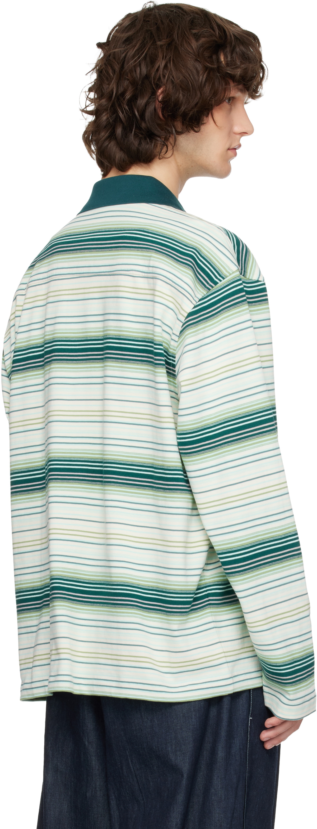 Solid Homme Green Striped Drawstring Collar Neck Long Sleeve Polo