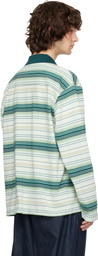 Solid Homme Green Striped Drawstring Collar Neck Long Sleeve Polo