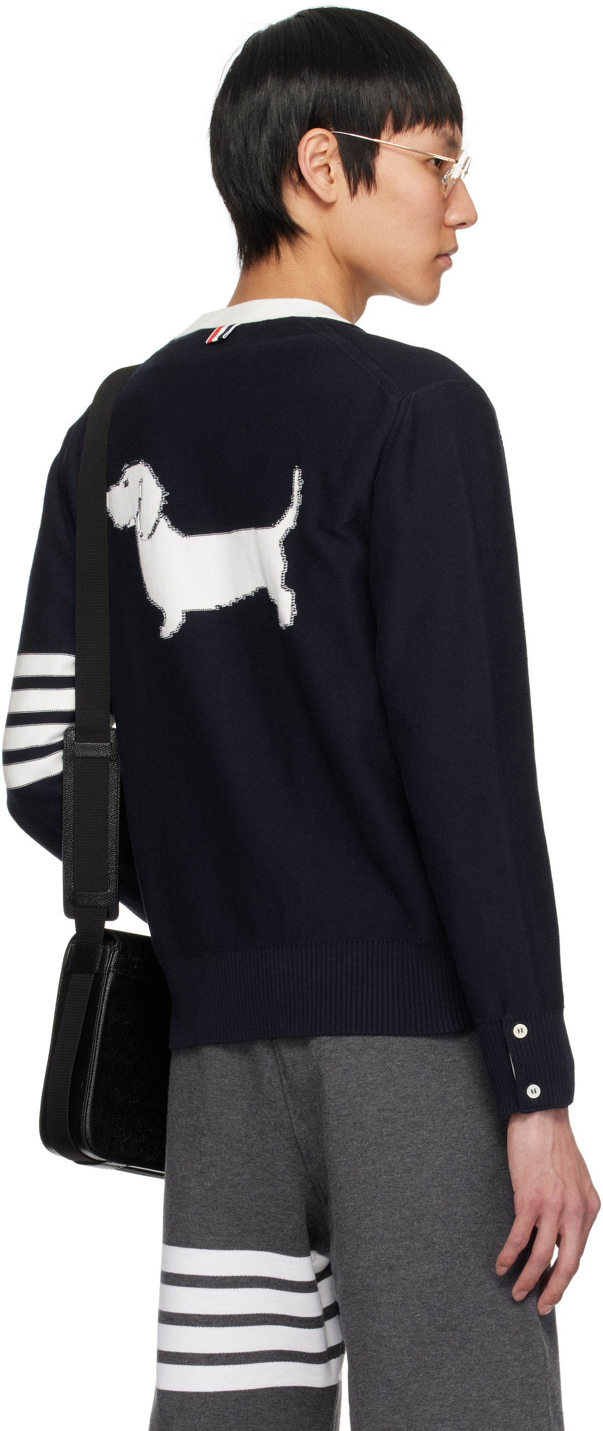 Thom Browne Navy Cotton 4-Bar Relaxed Fit Hector V Neck Cardigan