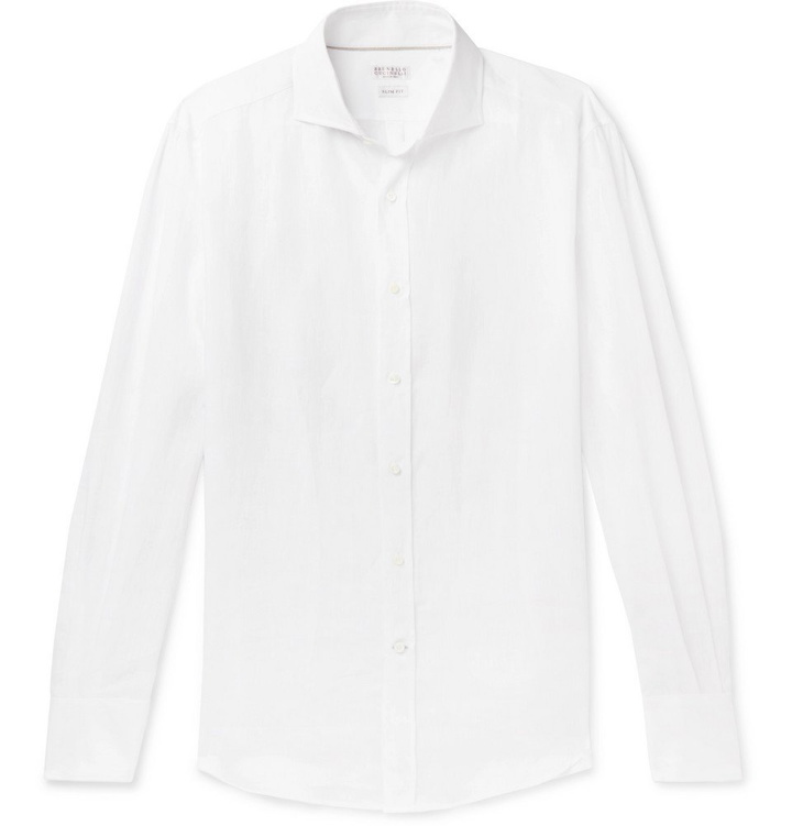 Photo: Brunello Cucinelli - Slim-Fit Cutaway-Collar Linen Shirt - White