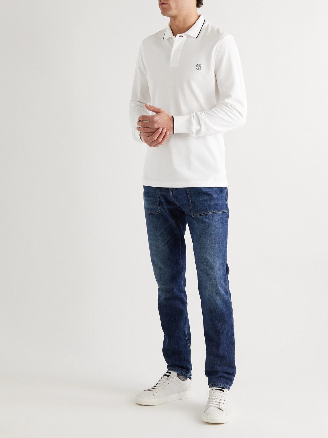 Shop Brunello Cucinelli Embroidered Cotton Piqué Polo Shirt