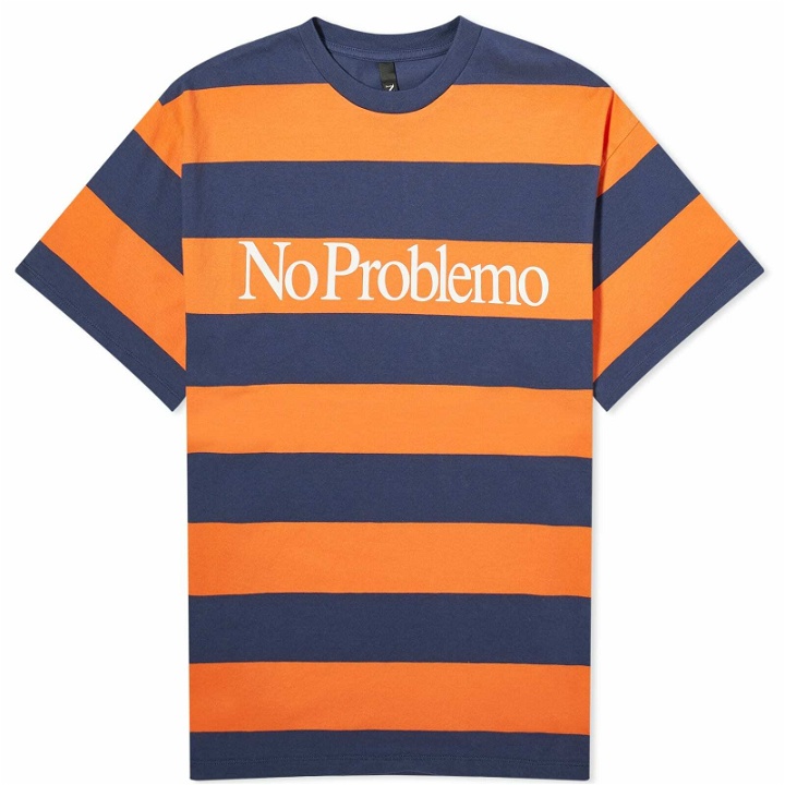 Photo: NoProblemo Men's Logo Stripe T-Shirt in Navy/Orange