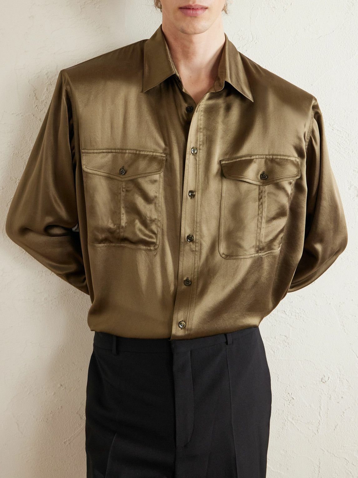 SAINT LAURENT - Silk-Satin Shirt - Brown Saint Laurent