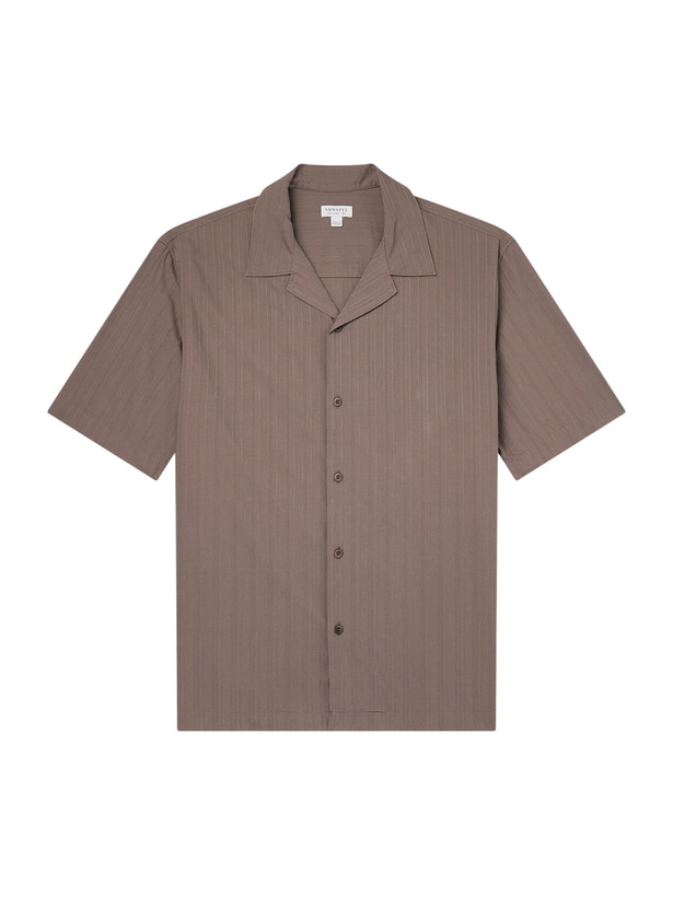 Photo: Sunspel - Camp-Collar Textured-Cotton Shirt - Brown
