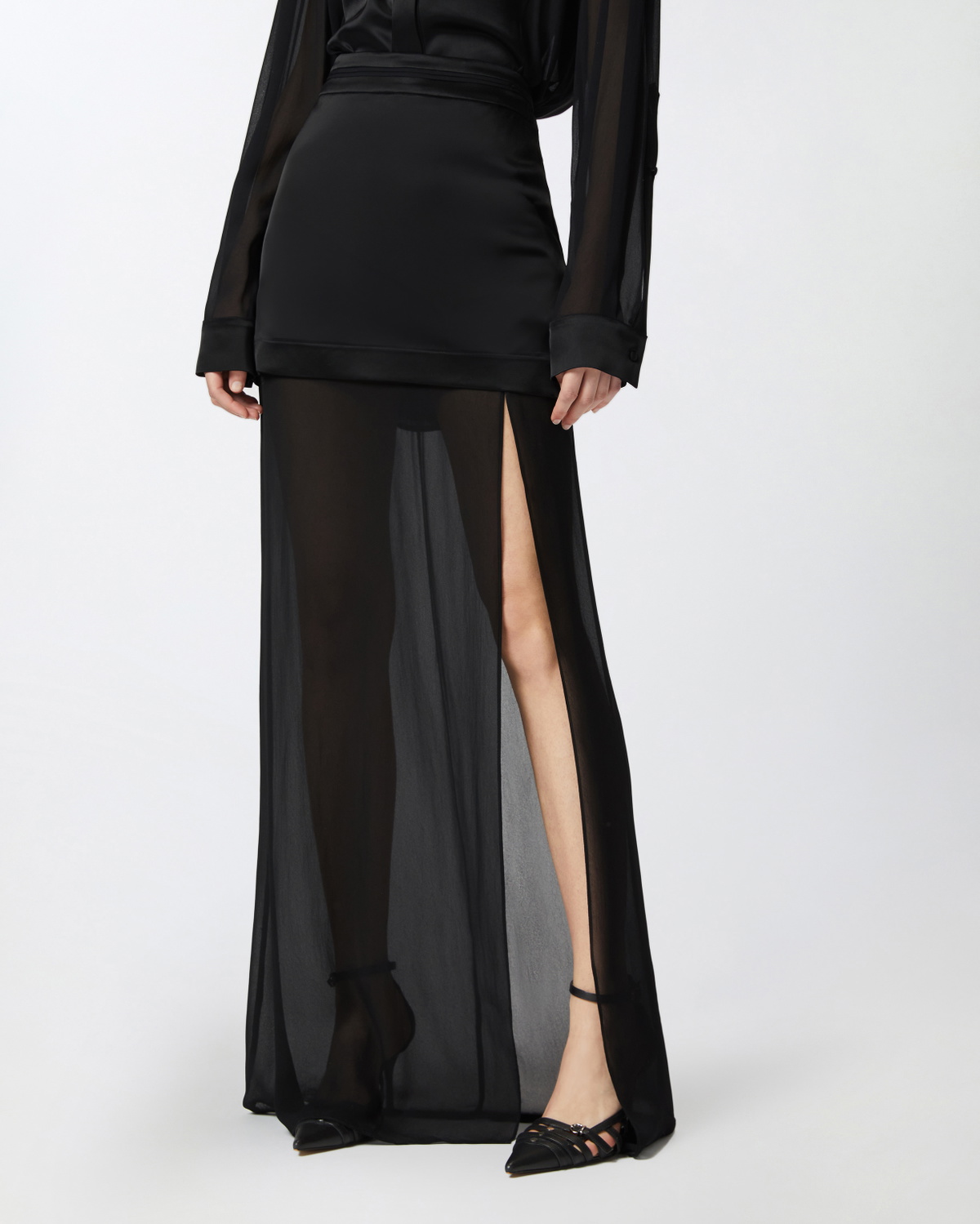 Pinko Elegant Long Skirt In Sheer Georgette And Satin Limo Black