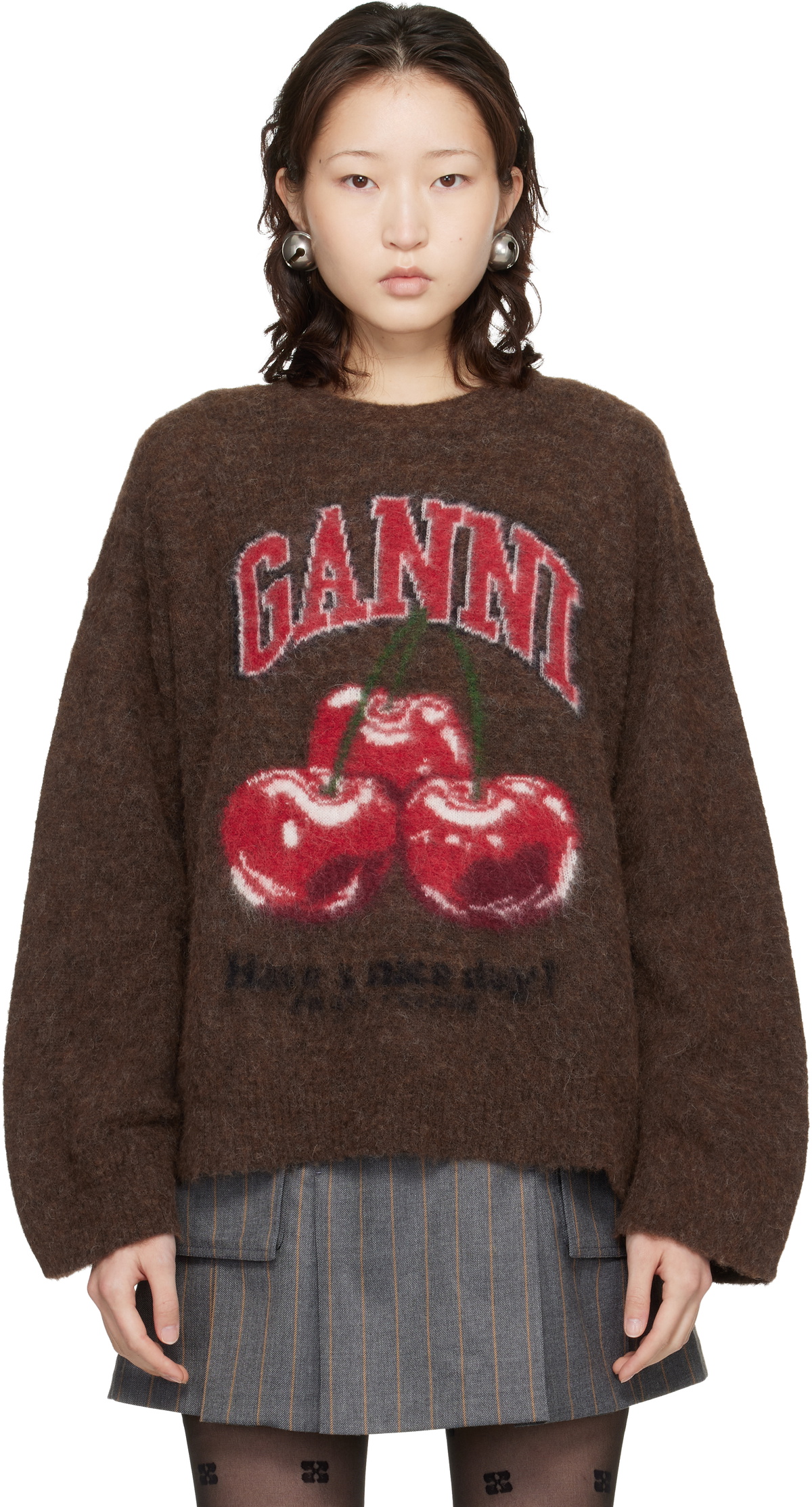 Brown Brushed Alpaca Graphic Oversized Sweater by GANNI on Sale
