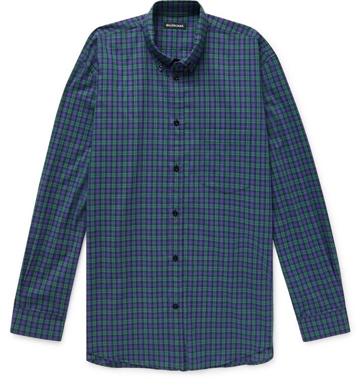 Photo: Balenciaga - Oversized Button-Down Collar Logo-Print Checked Cotton-Poplin Shirt - Green