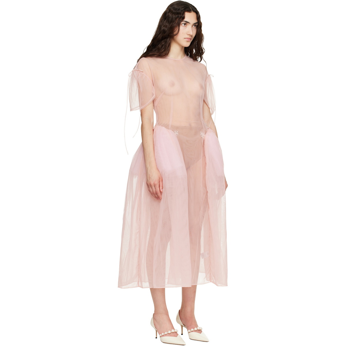 Simone Rocha Pink Puff Sleeve Cord Hip Midi Dress