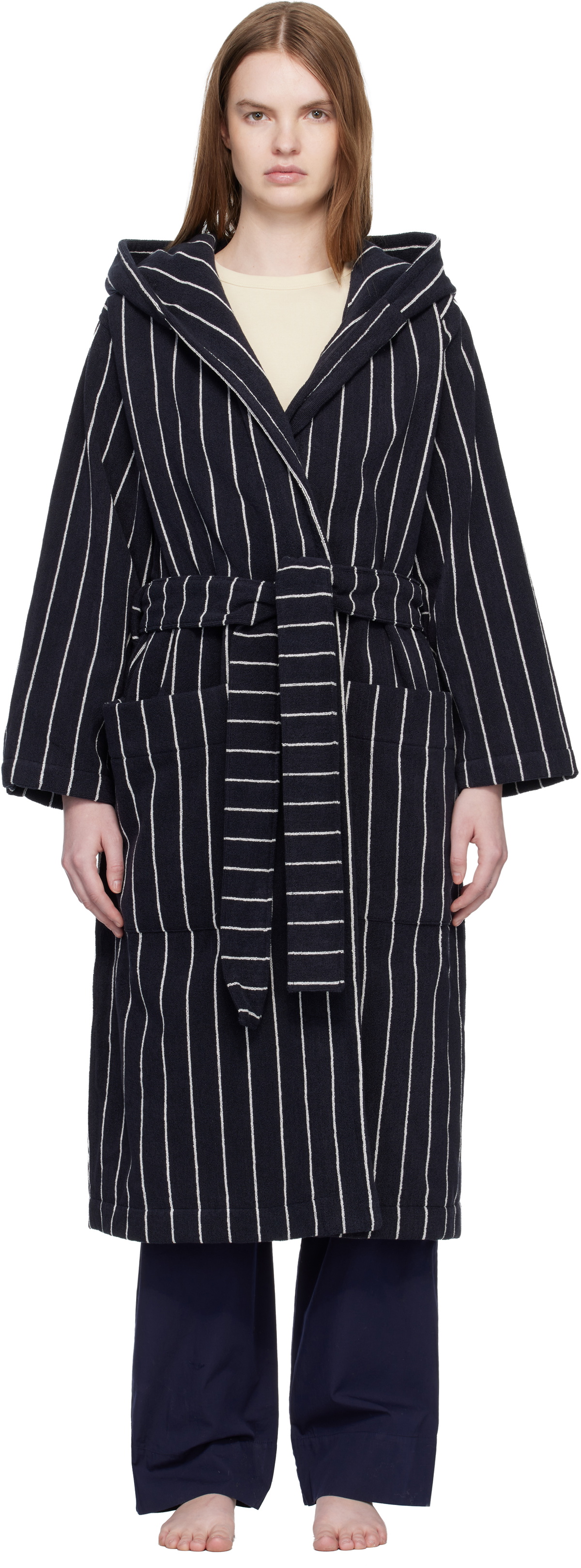 Tekla Black & White Terry Hooded Bathrobe