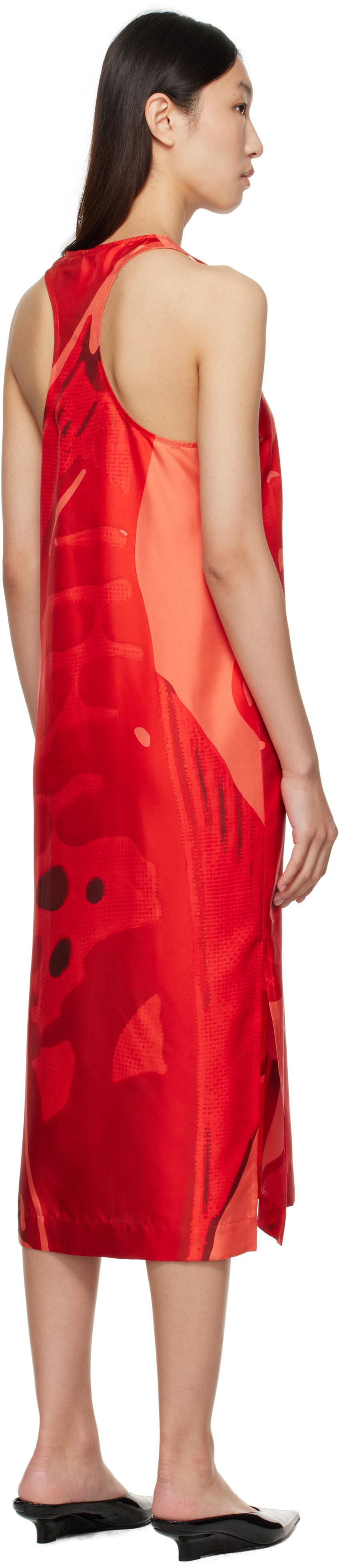 Ferragamo Red Fish Print Silk Maxi Dress