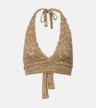 Valentino Open-knit linen-blend lamé crop top