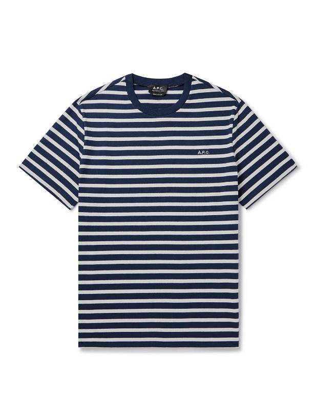Photo: A.P.C. - Emilien Logo-Embroidered Striped Cotton-Jersey T-Shirt - Blue