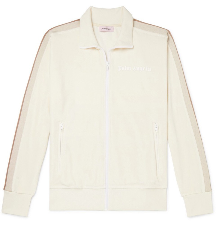 Photo: Palm Angels - Logo-Print Webbing-Trimmed Cotton-Blend Velour Track Jacket - Off-white
